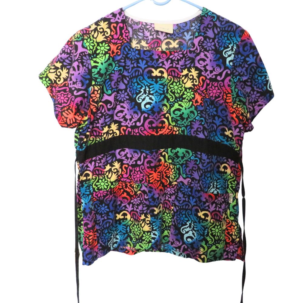 Tafford Scrub Top Sz XS Colorful Square Neckline With 2 Large Pockets, Tie